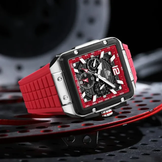 D-ZINER DZ Series Men’s Watch – Silver Case with Black-Red Dial & Strap, 44 mm, 30 m Water Resistant