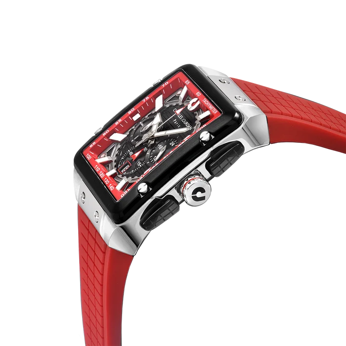 D-ZINER DZ Series Men’s Watch – Silver Case with Black-Red Dial & Strap, 44 mm, 30 m Water Resistant