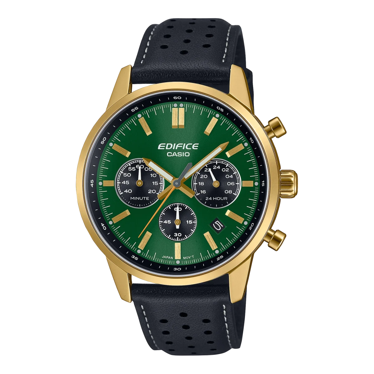 EDIFICE Analog Chronograph 100M WR Green Dial, Gold Case, Black Leather Strap - EFR575CL-3A