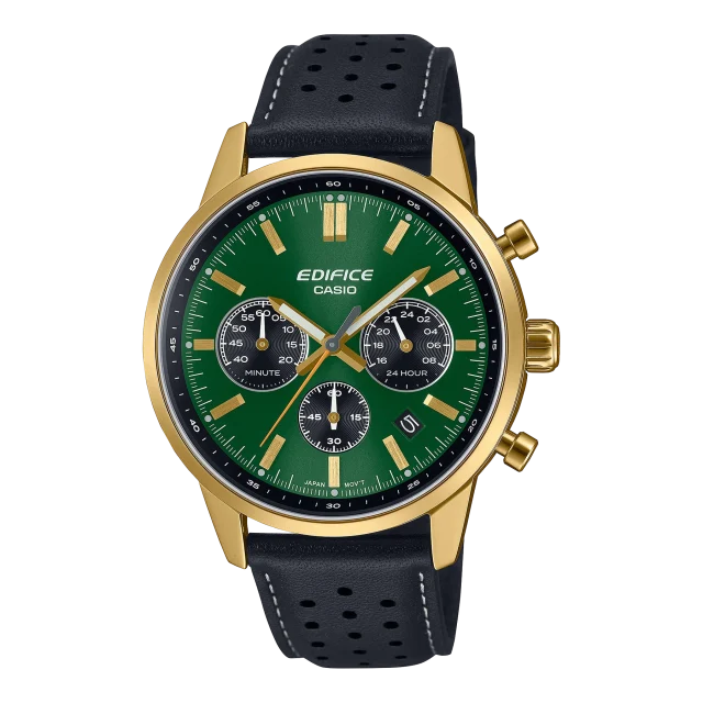 EDIFICE Analog Chronograph 100M WR Green Dial, Gold Case, Black Leather Strap - EFR575CL-3A