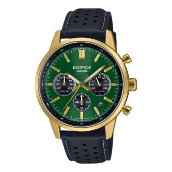 EDIFICE Analog Chronograph 100M WR Green Dial, Gold Case, Black Leather Strap – EFR575CL-3A