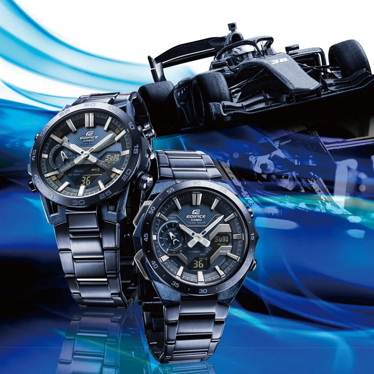 Edifice Duo Cool Blue Solar Powered, Bluetooth, 100M Blue Face, IP Plated Stainless Steel - ECB2000CB-2A