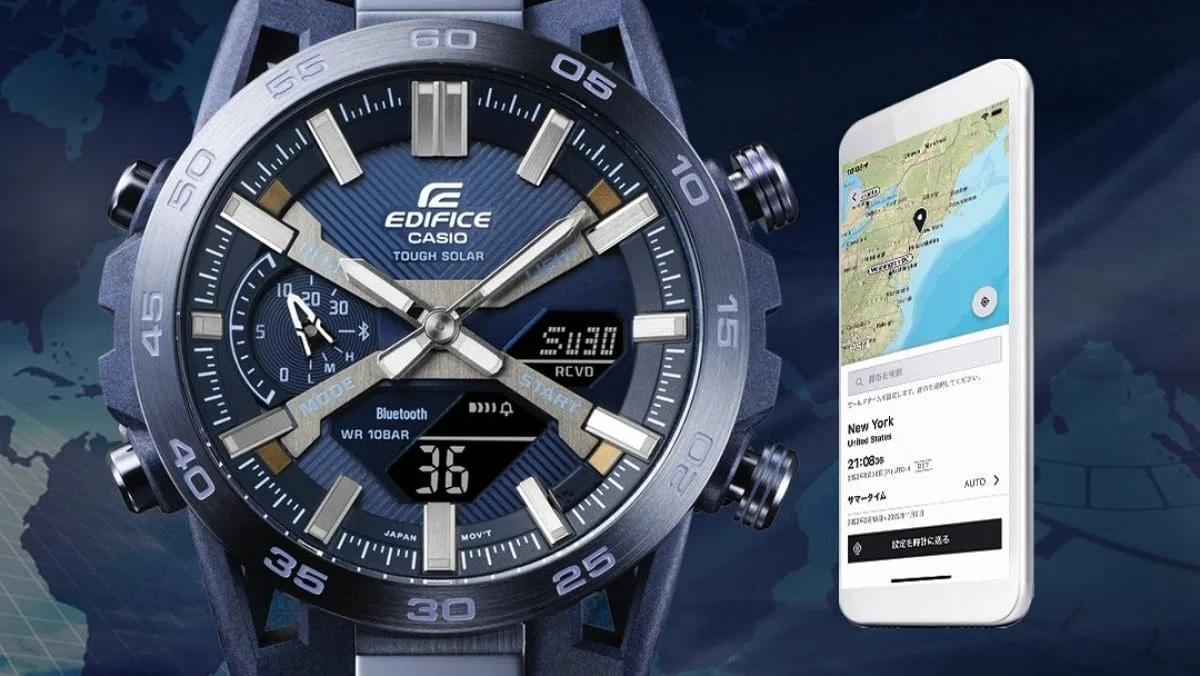 Edifice Duo Cool Blue Solar Powered, Bluetooth, 100M Blue Face, IP Plated Stainless Steel - ECB2000CB-2A