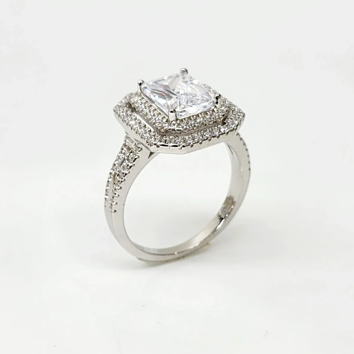 Emerald Cut CZ Engagement Ring with a Double Halo Three Phases Pave Setting in Sterling Silver