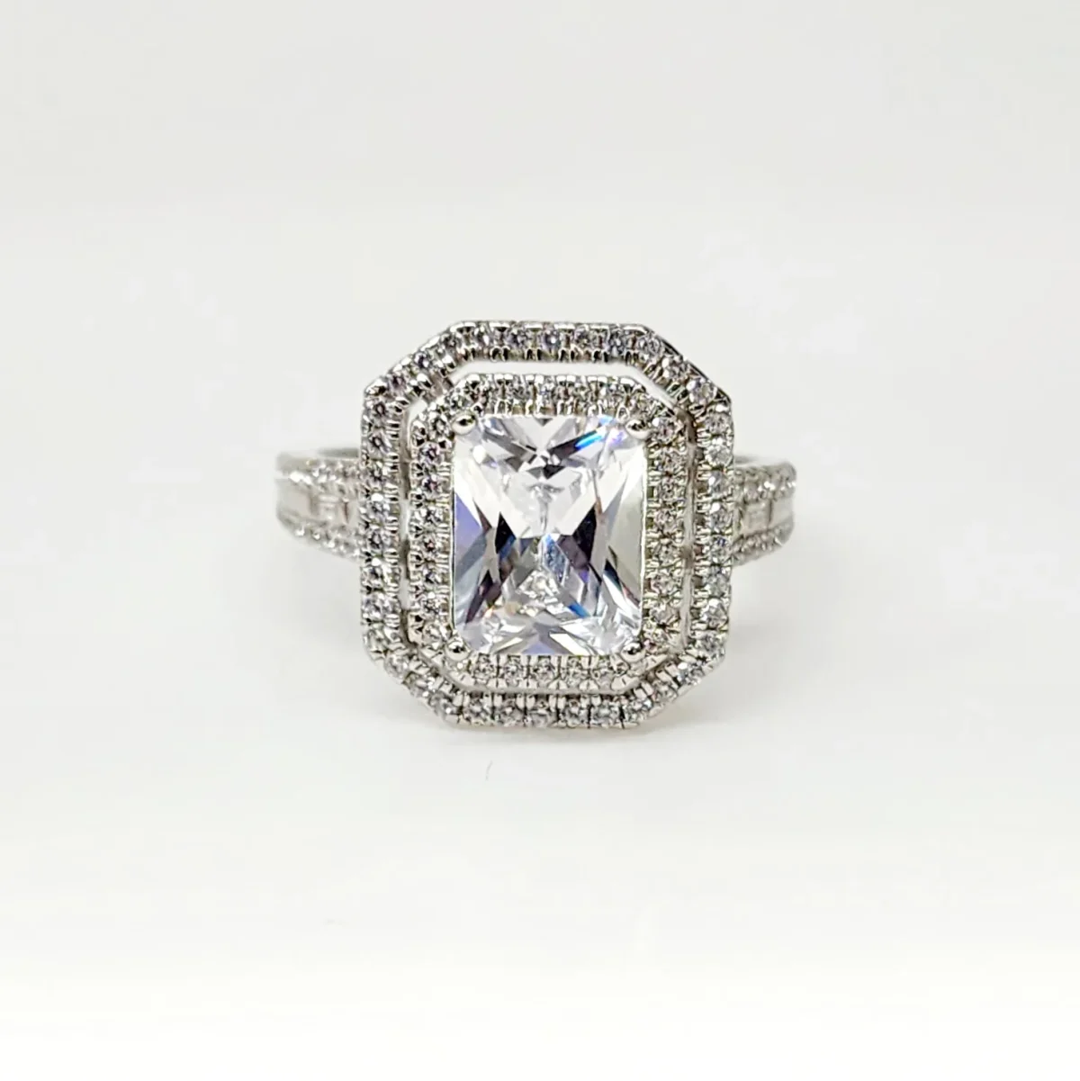 Emerald Cut CZ Engagement Ring with a Double Halo Three Phases Pave Setting in Sterling Silver