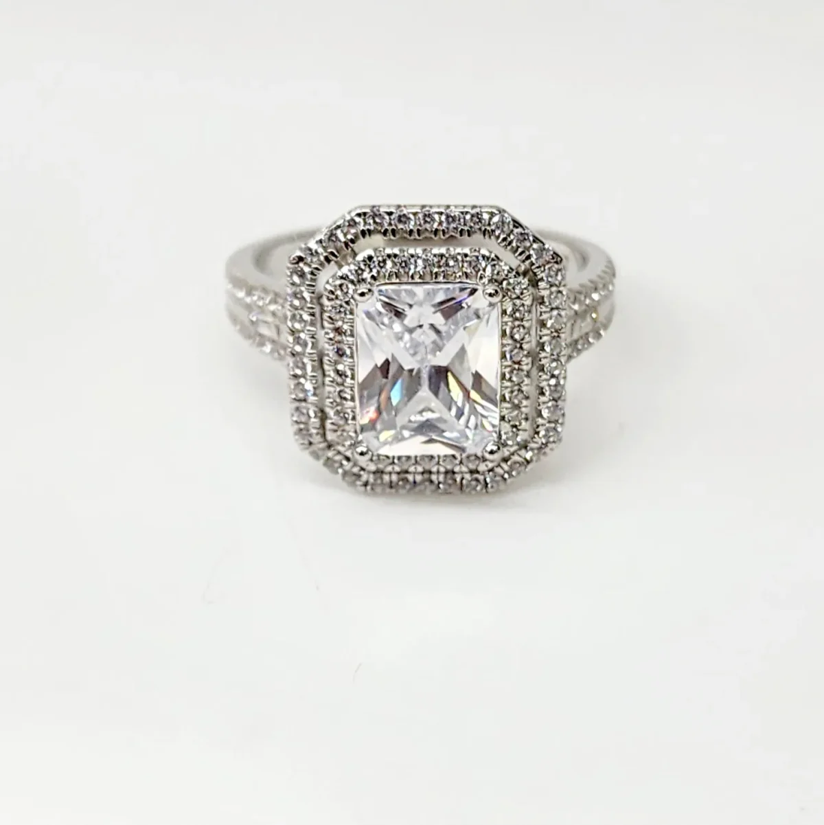 Emerald Cut CZ Engagement Ring with a Double Halo Three Phases Pave Setting in Sterling Silver