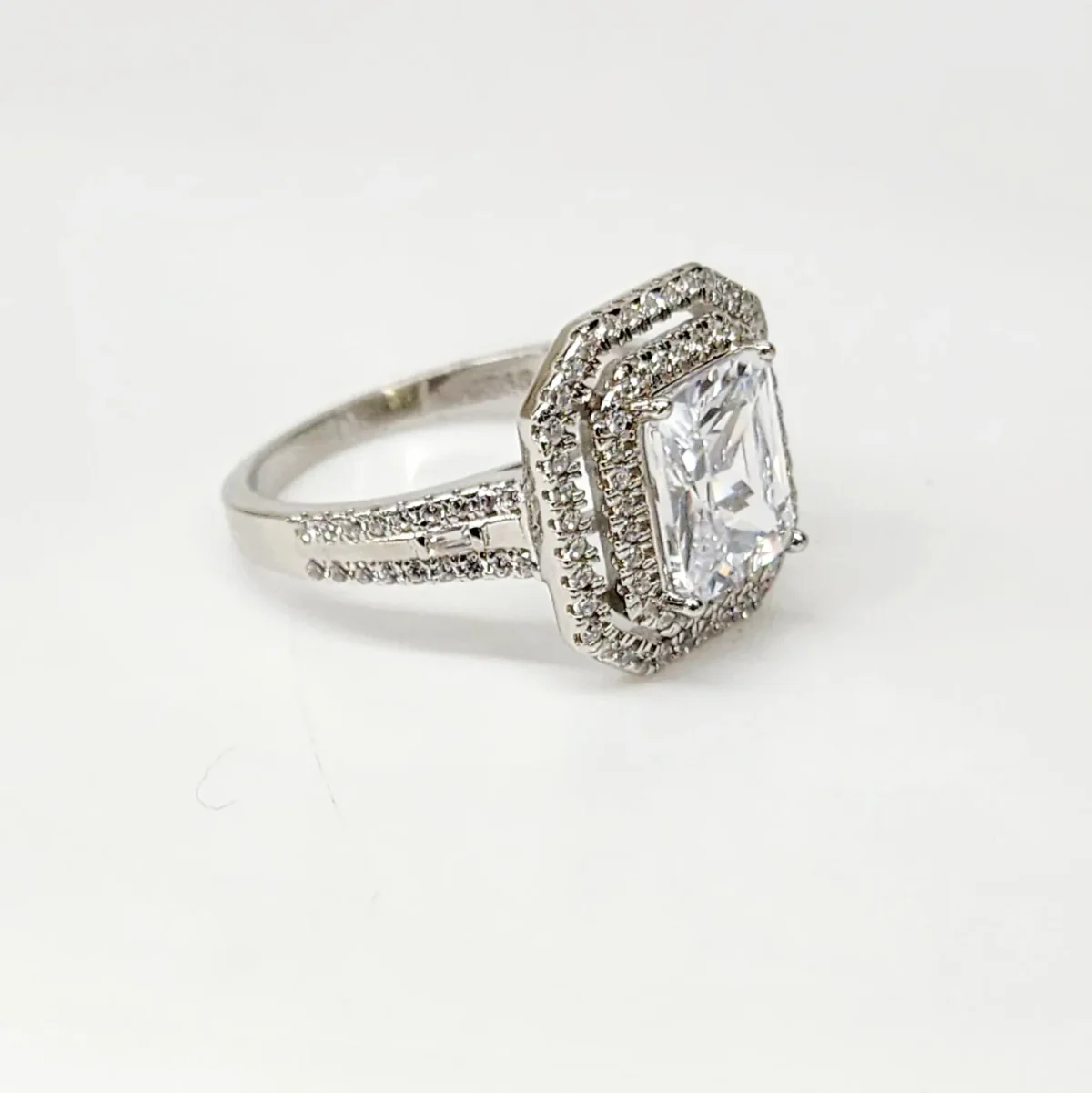 Emerald Cut CZ Engagement Ring with a Double Halo Three Phases Pave Setting in Sterling Silver