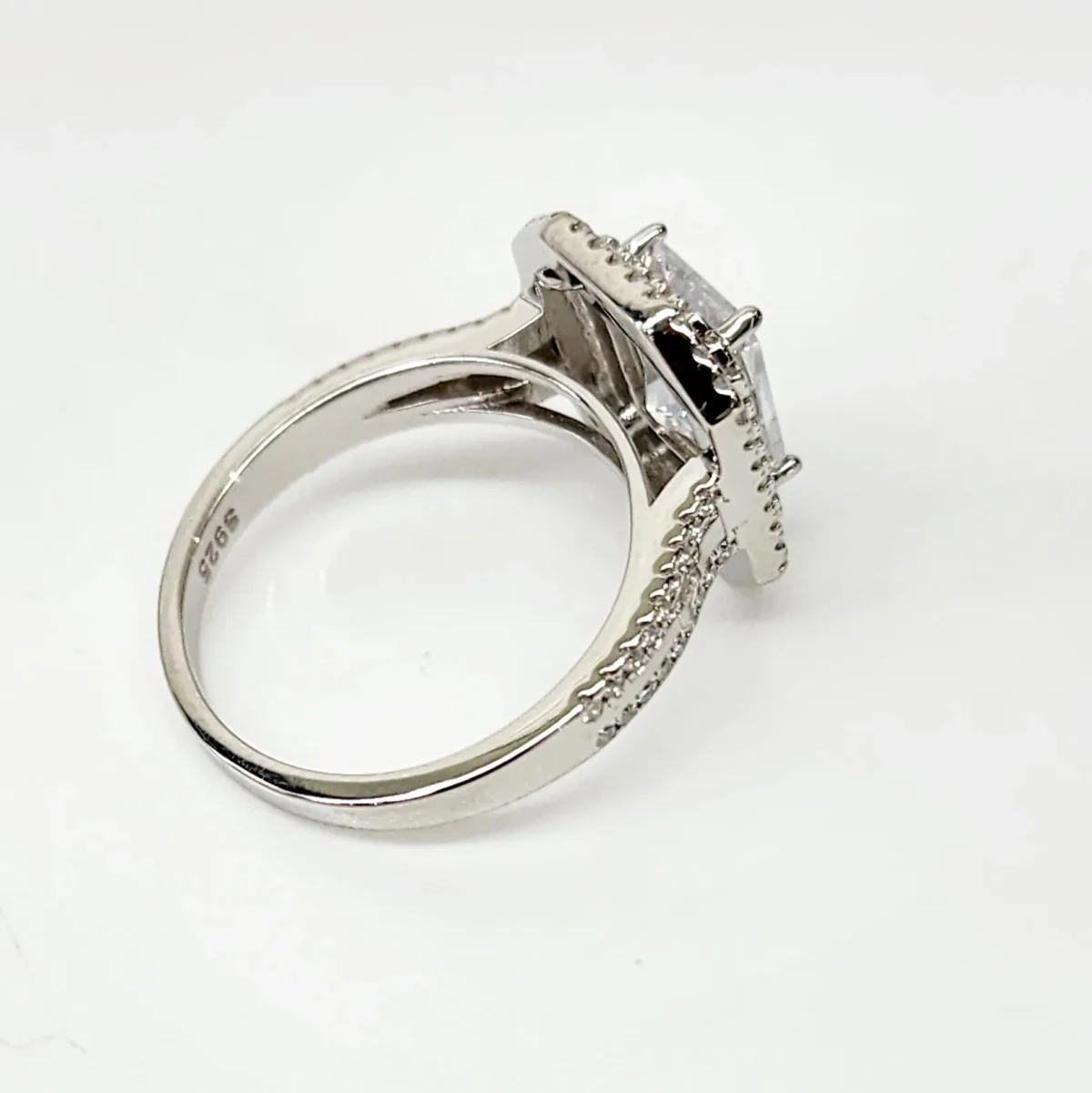 Emerald Cut CZ Engagement Ring with a Double Halo Three Phases Pave Setting in Sterling Silver