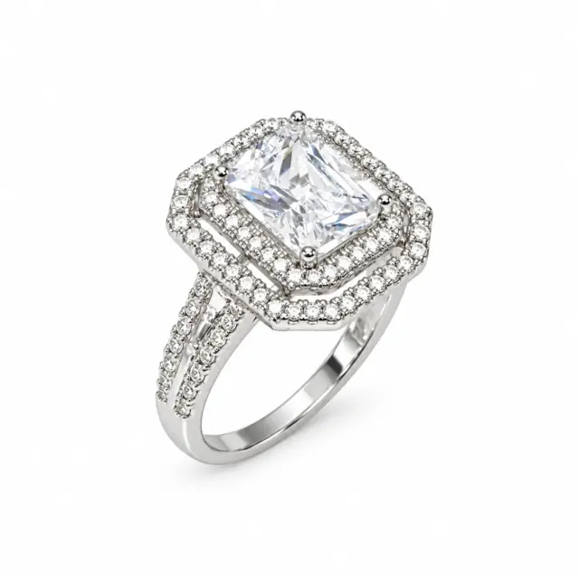 Emerald Cut CZ Engagement Ring with a Double Halo Three Phases Pave Setting in Sterling Silver