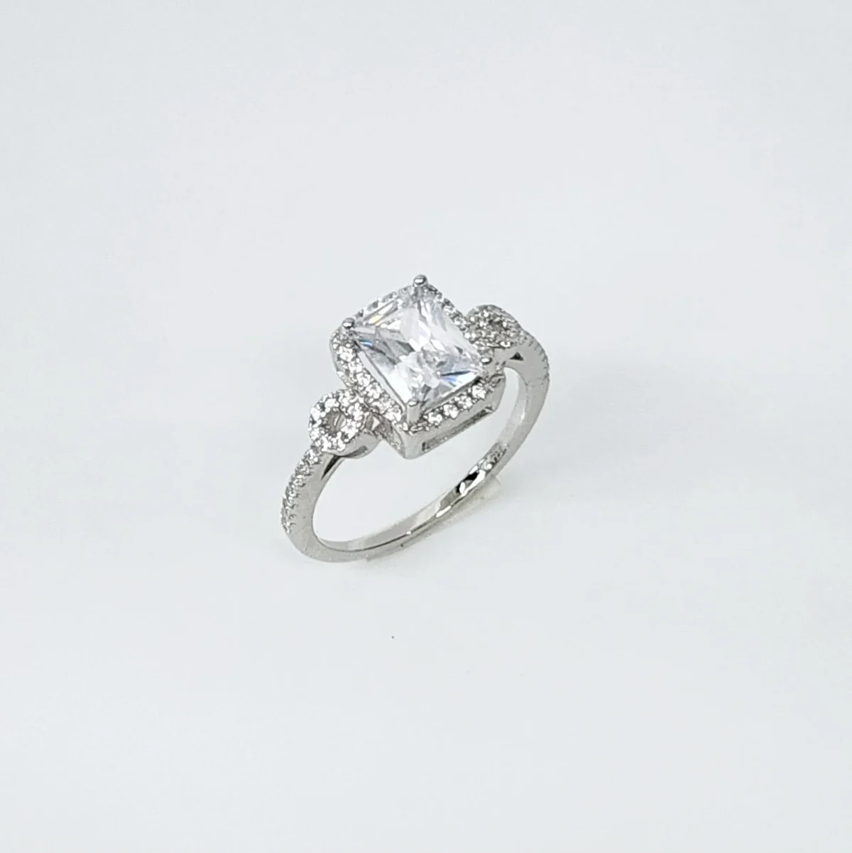 Emerald Cut CZ Engagement Ring with a Halo Setting in Sterling Silver