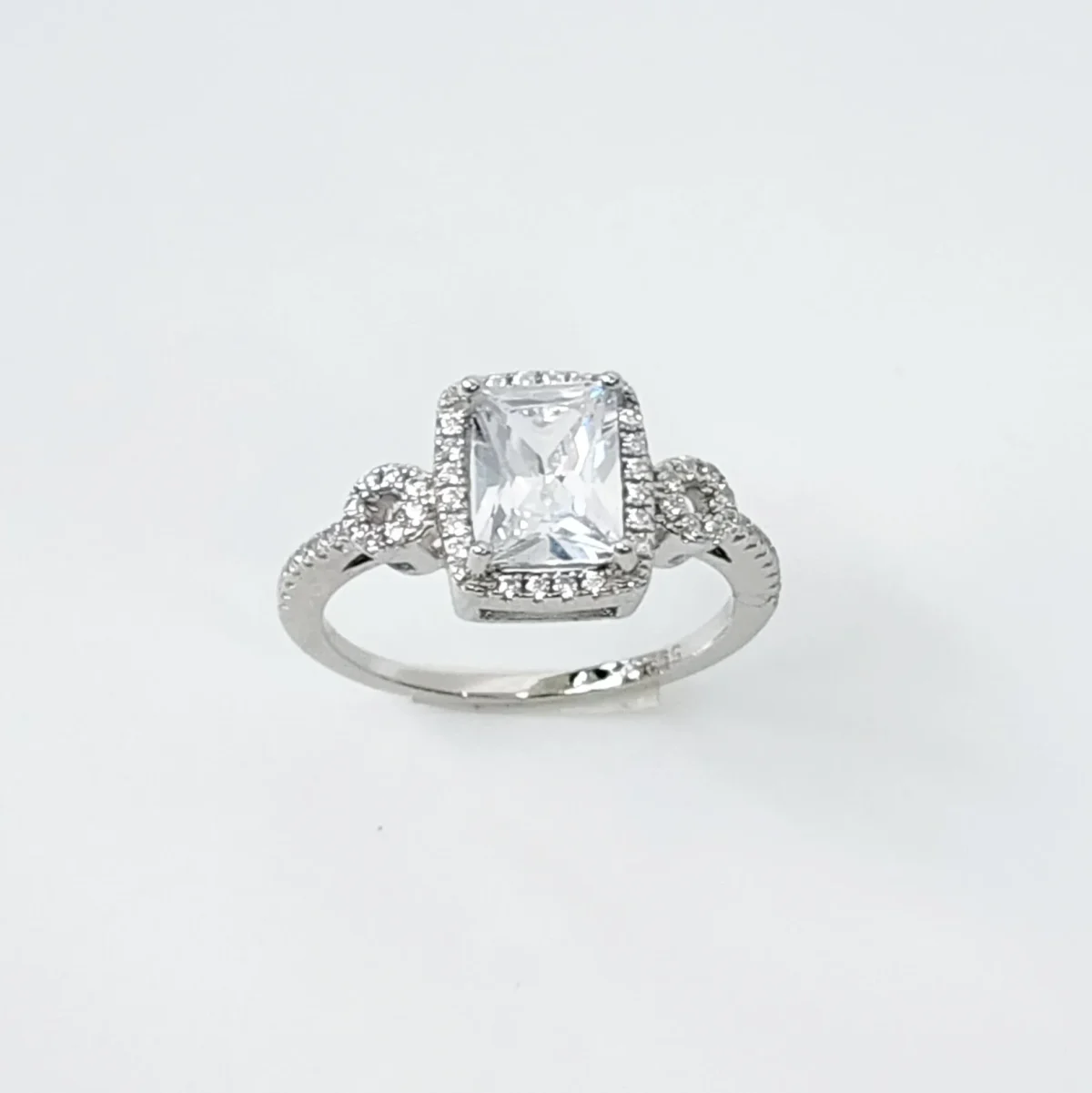 Emerald Cut CZ Engagement Ring with a Halo Setting in Sterling Silver