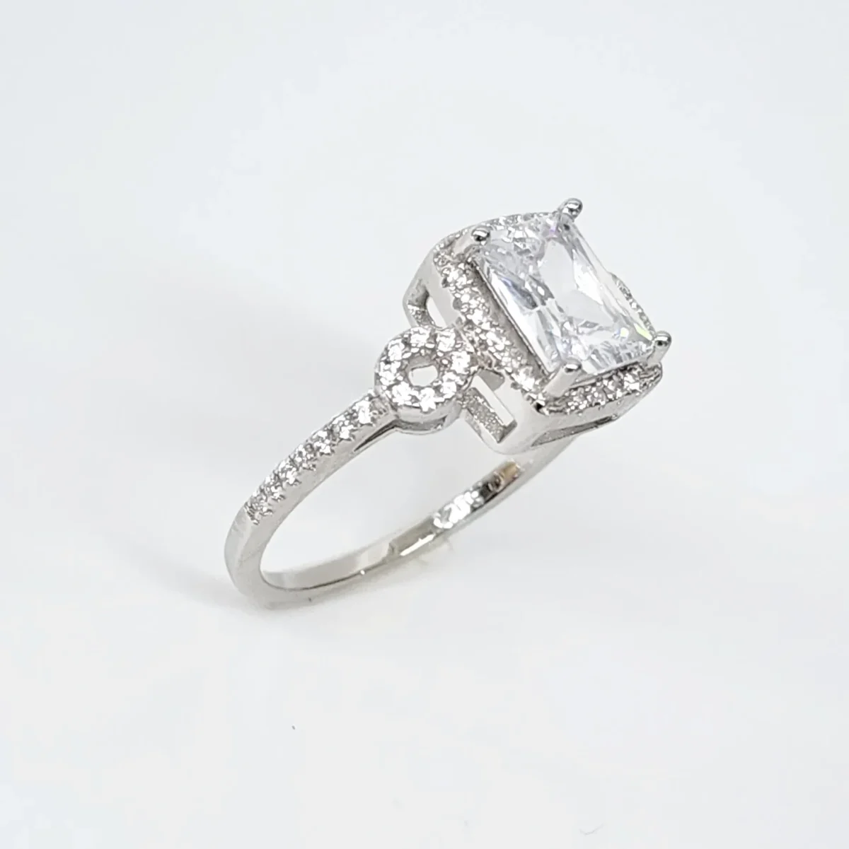 Emerald Cut CZ Engagement Ring with a Halo Setting in Sterling Silver
