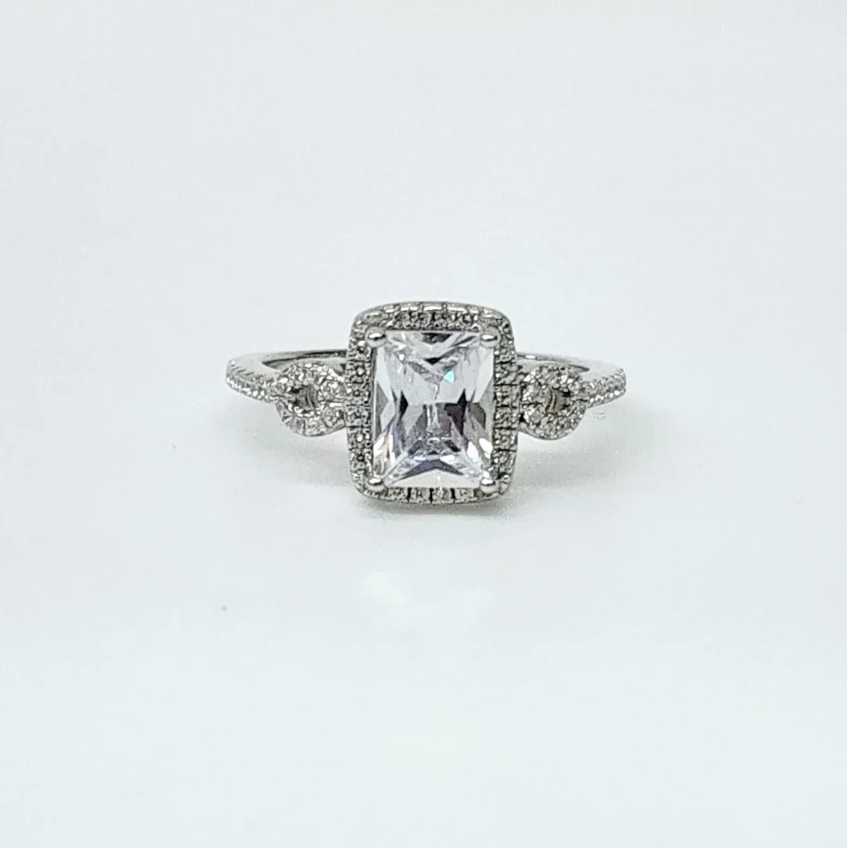 Emerald Cut CZ Engagement Ring with a Halo Setting in Sterling Silver