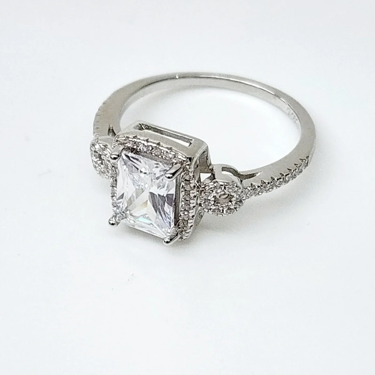 Emerald Cut CZ Engagement Ring with a Halo Setting in Sterling Silver