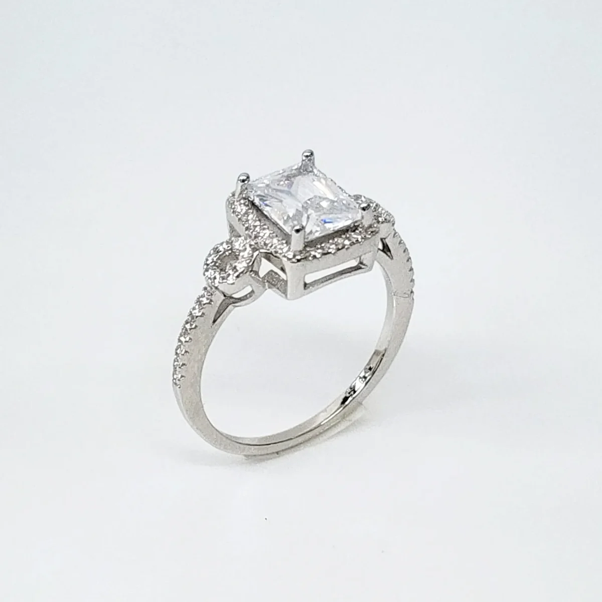 Emerald Cut CZ Engagement Ring with a Halo Setting in Sterling Silver