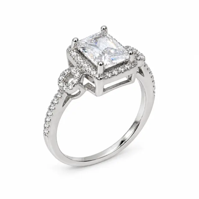 Emerald Cut CZ Engagement Ring with a Halo Setting in Sterling Silver