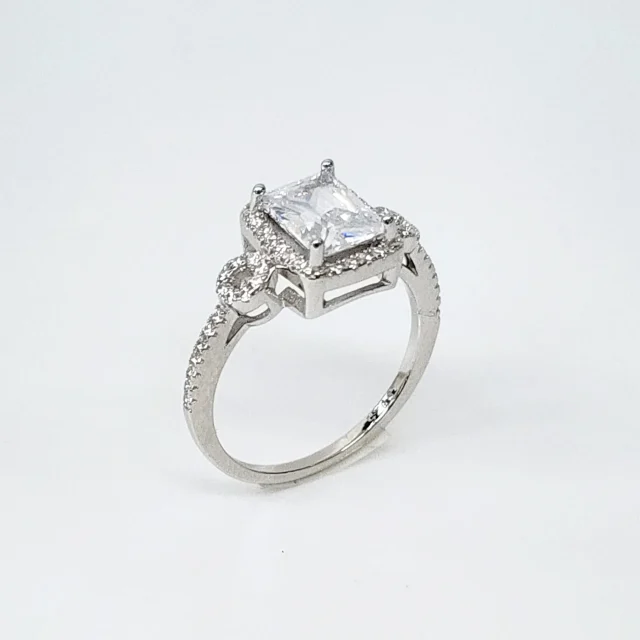 Emerald Cut CZ Engagement Ring with a Halo Setting in Sterling Silver