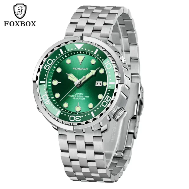 FOXBOX Fashion Watches Sports 50m Waterproof Watches Quartz Stainless Steel Wristwatch Date Watch - Silver/Green