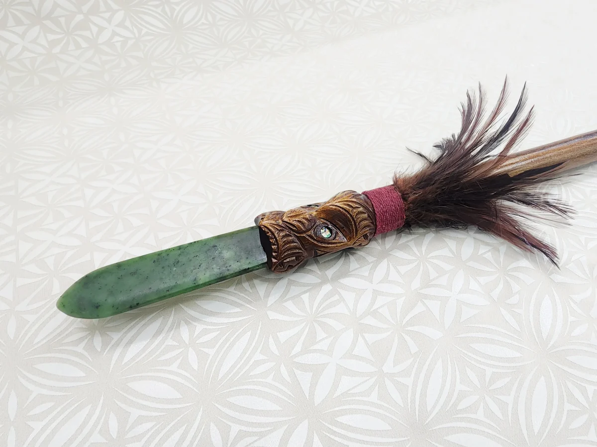 Full Size Maori Wooden Taiaha with New Zealand Greenstone Blade - WM978J
