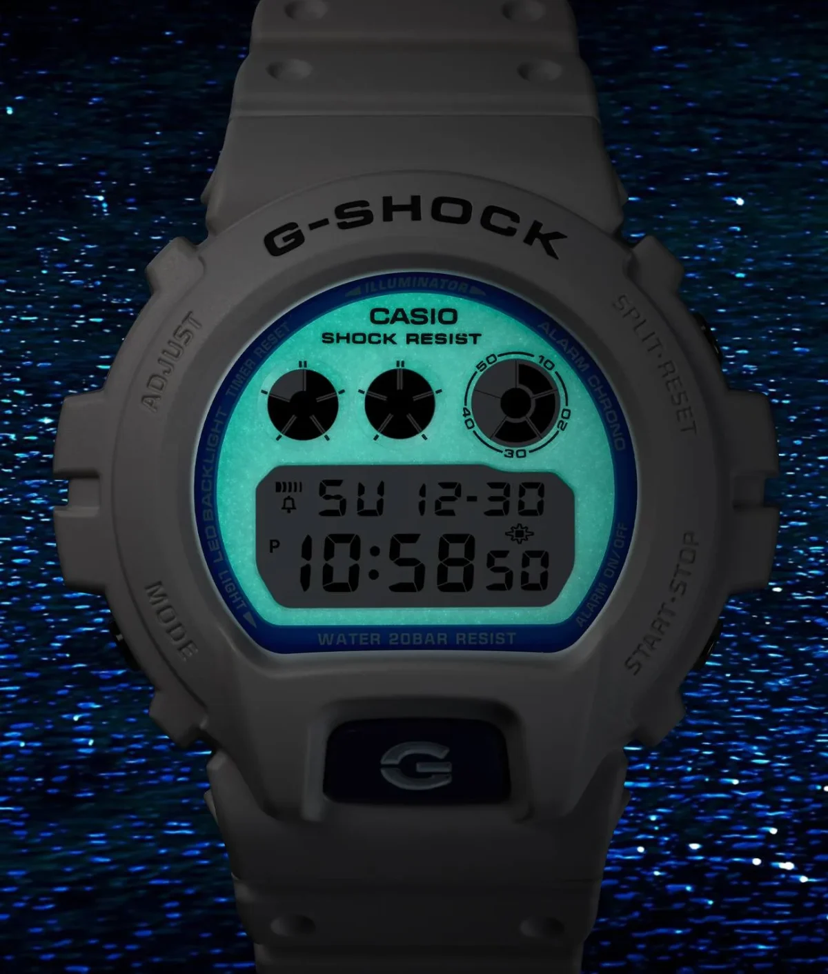 G-Shock Digital "Sea of Star Glow" 200M WR, White Dial, White Case & Resin Band - DW6900HDS-7D