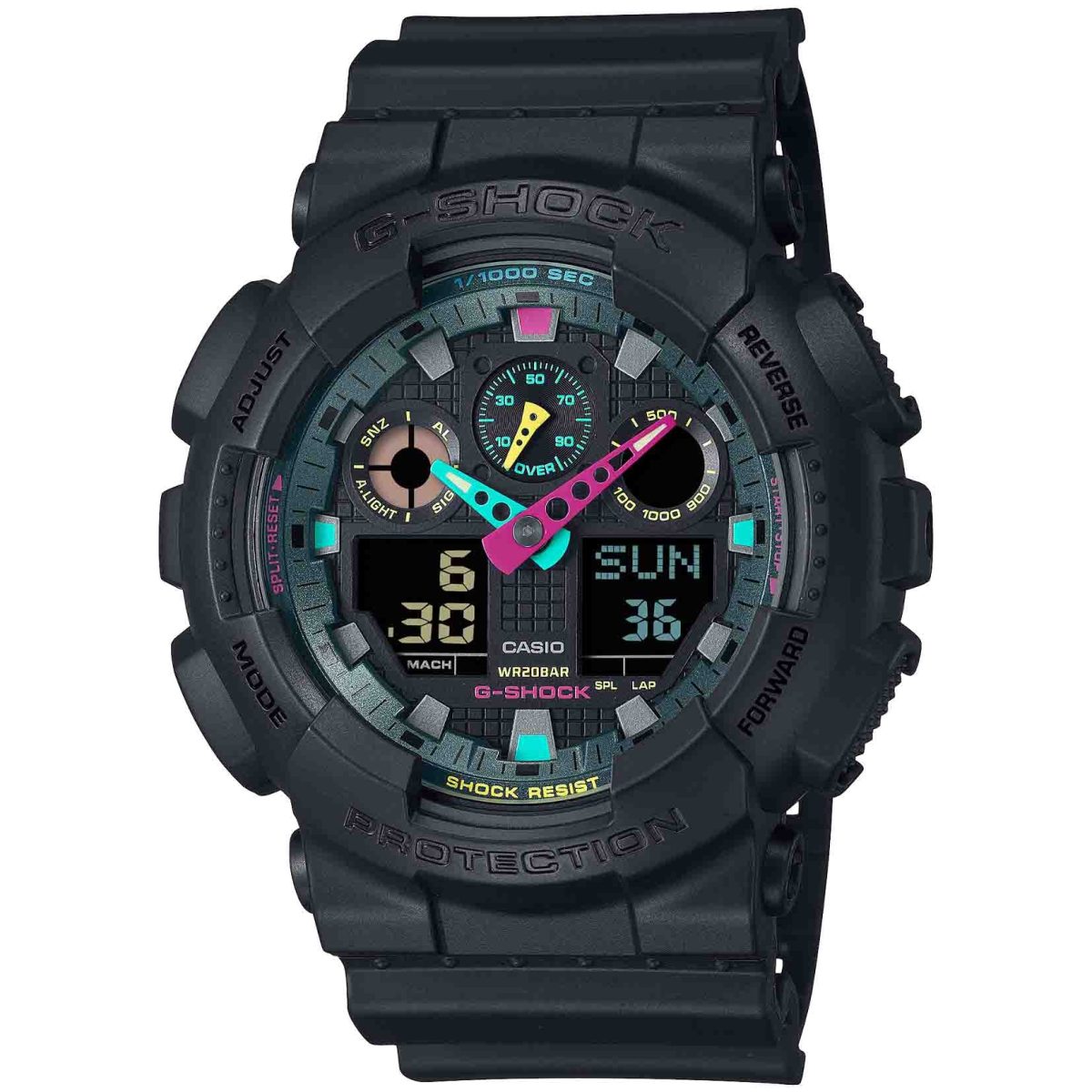 G-Shock Duel Multi -Flourescent 200M WR Black Dial and Resin Band - GA100MF-1A
