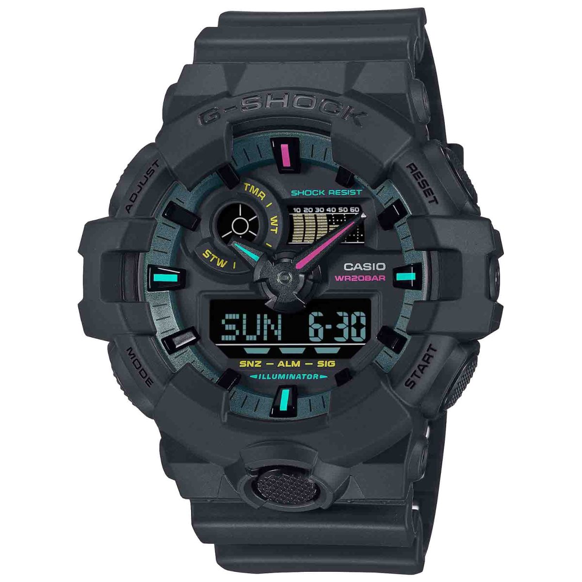 G-Shock Duel Multi -Flourescent 200M WR Black Dial and Resin Band - GA700MF-1A