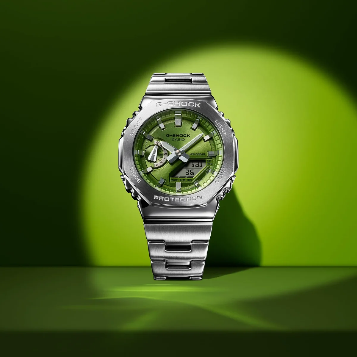 G-Shock Dual Time 200M WR Stopwatch, Alarm Green Face, Stainless Steel Band - GM2110D-3A