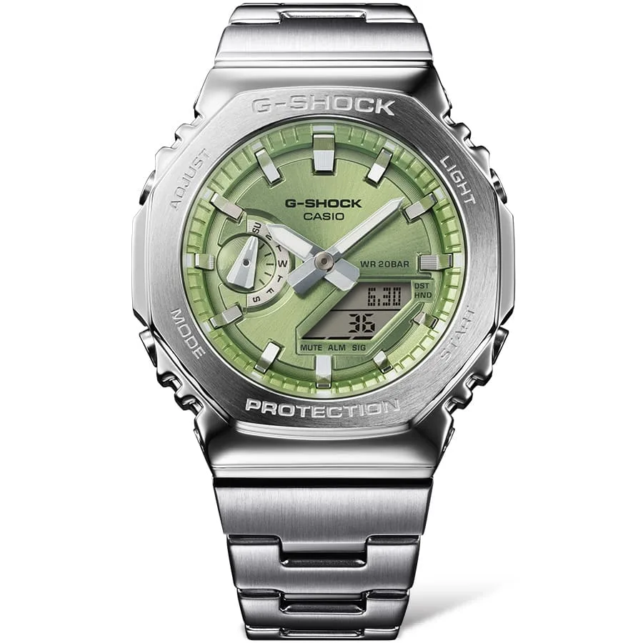 G-Shock Dual Time 200M WR Stopwatch, Alarm Green Face, Stainless Steel Band - GM2110D-3A