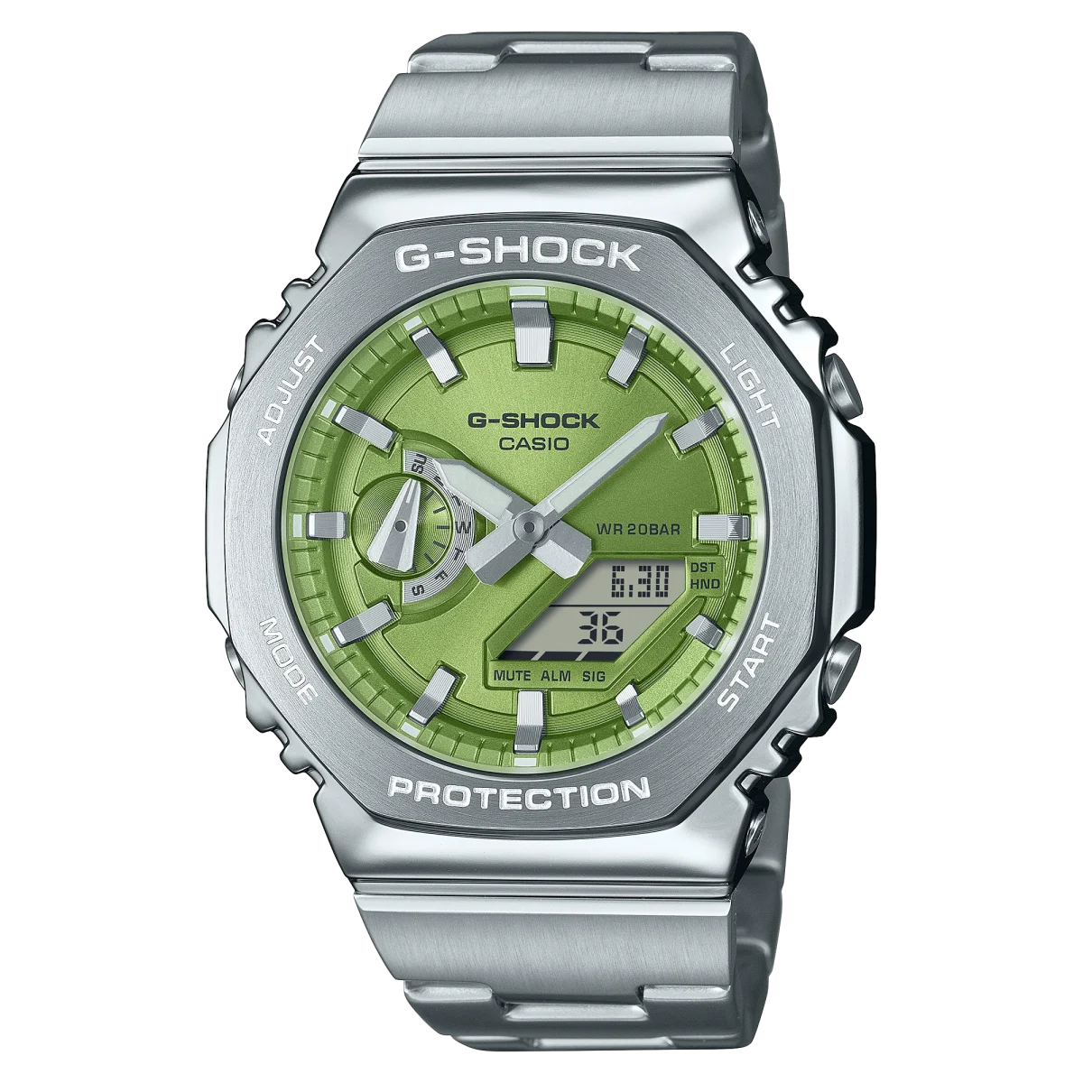 G-Shock Dual Time 200M WR Stopwatch, Alarm Green Face, Stainless Steel Band - GM2110D-3A
