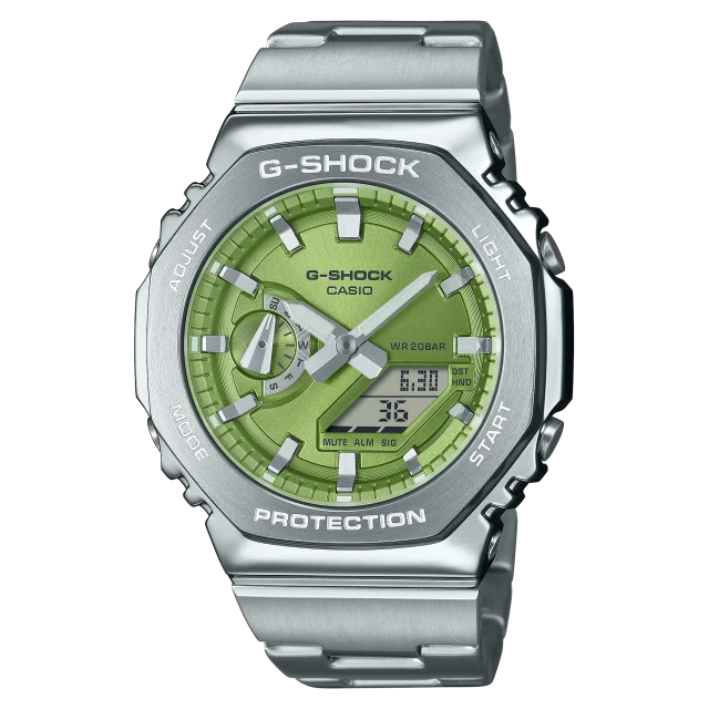 G-Shock Duel Time 200M WR Stopwatch, Alarm Green Face, Stainless Steel Band - GM2110D-3A