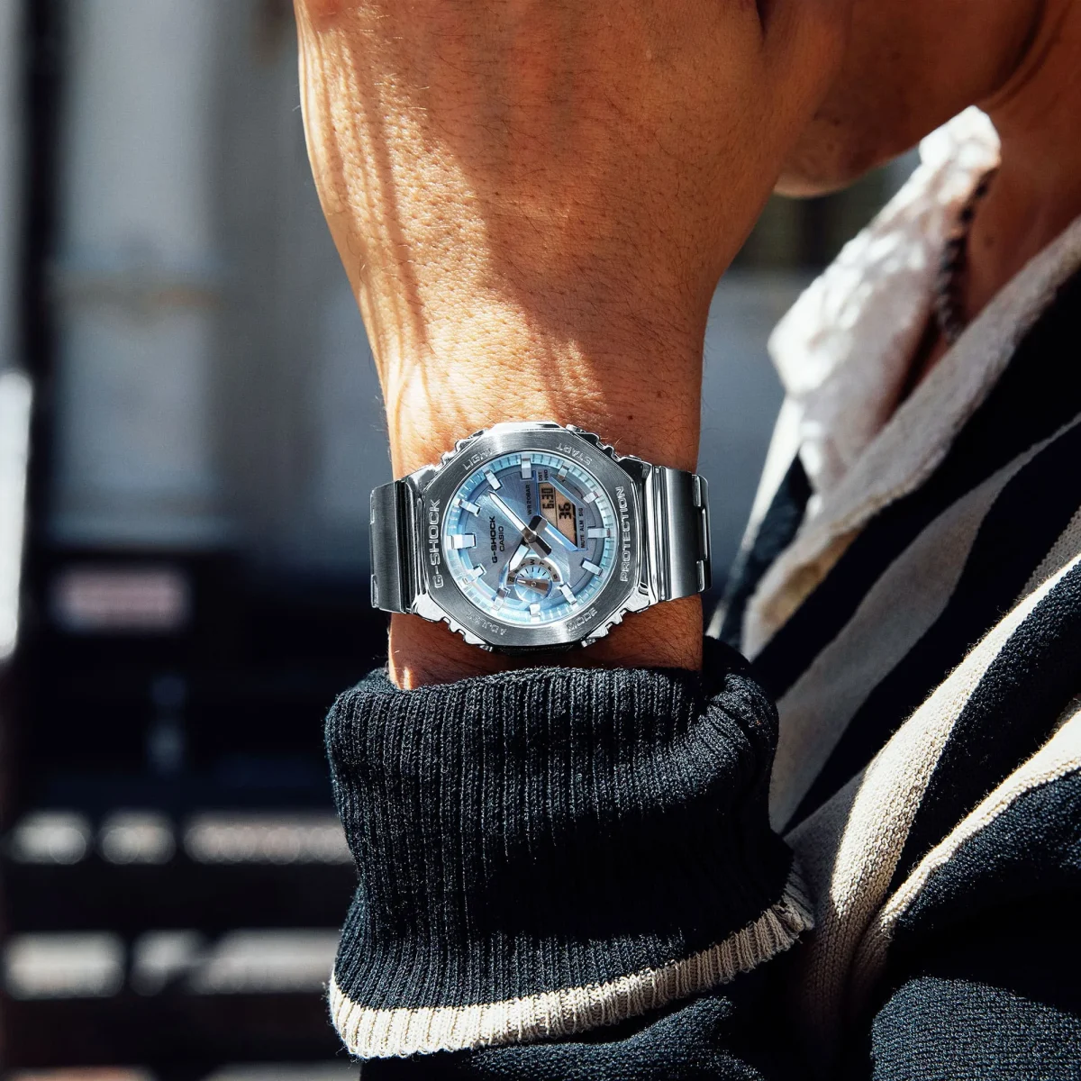 G-Shock Duel Time 200M WR Stopwatch, Alarm Light Blue Face, Stainless Steel Band - GM2110D-2A