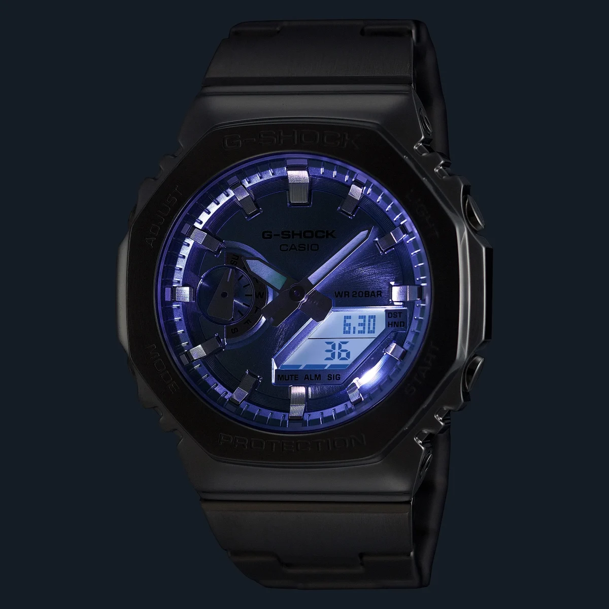 G-Shock Duel Time 200M WR Stopwatch, Alarm Light Blue Face, Stainless Steel Band - GM2110D-2A
