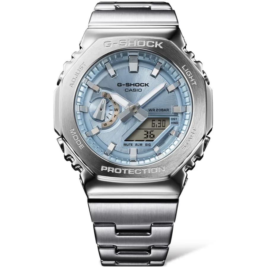G-Shock Duel Time 200M WR Stopwatch, Alarm Light Blue Face, Stainless Steel Band - GM2110D-2A