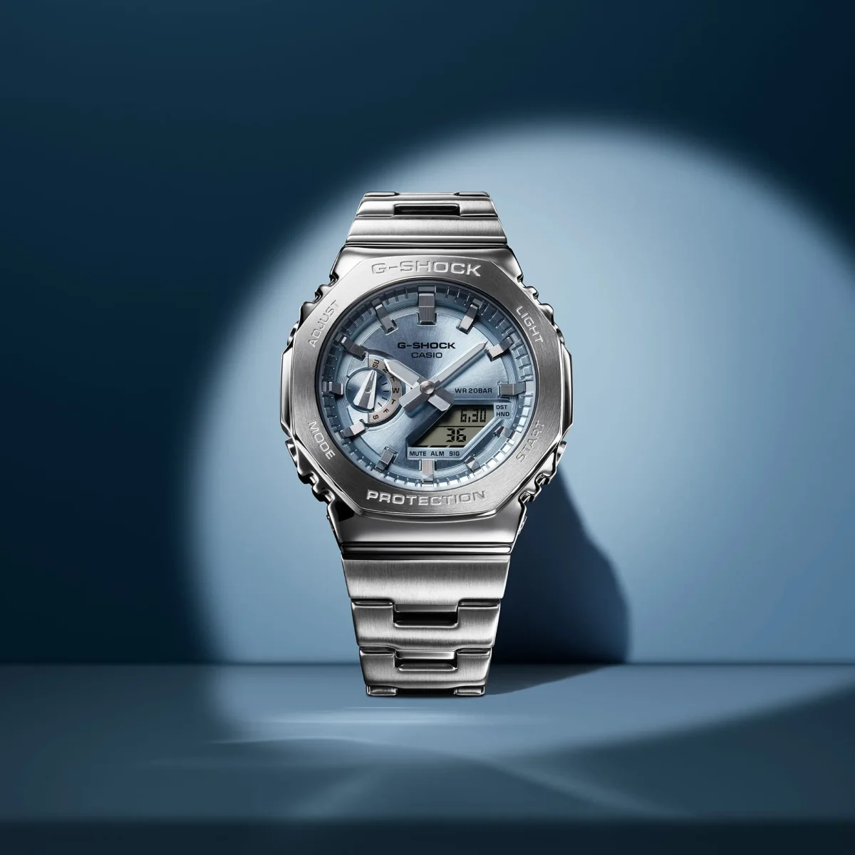 G-Shock Duel Time 200M WR Stopwatch, Alarm Light Blue Face, Stainless Steel Band - GM2110D-2A