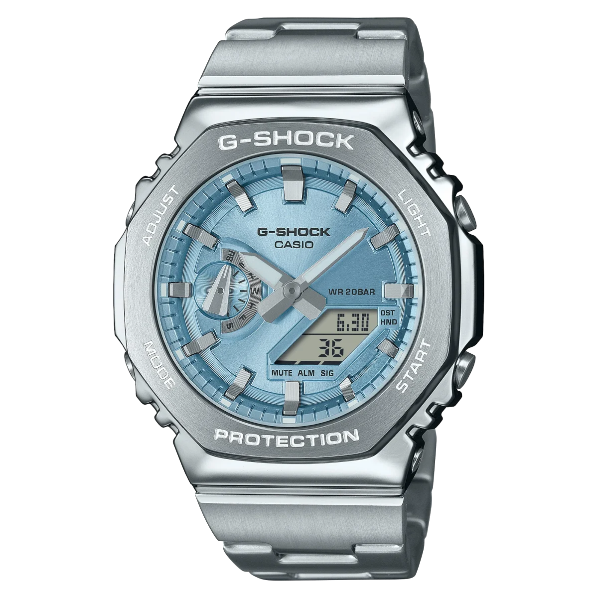 G-Shock Duel Time 200M WR Stopwatch, Alarm Light Blue Face, Stainless Steel Band - GM2110D-2A