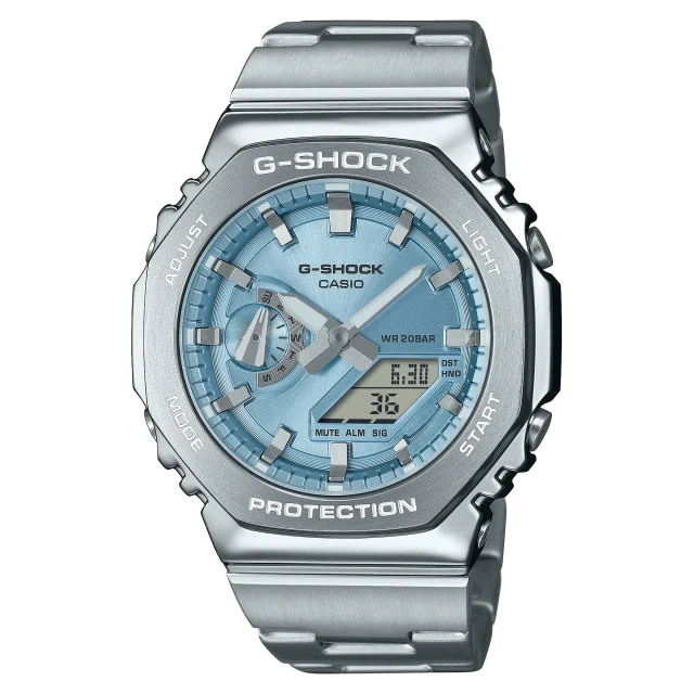 G-Shock Duel Time 200M WR Stopwatch, Alarm Light Blue Face, Stainless Steel Band - GM2110D-2A