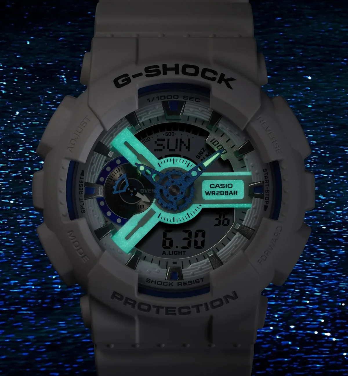 G-Shock Duel Time "Sea of Star Glow" 200M WR, White Dial, White Case & Resin Band - GA110HDS-7A