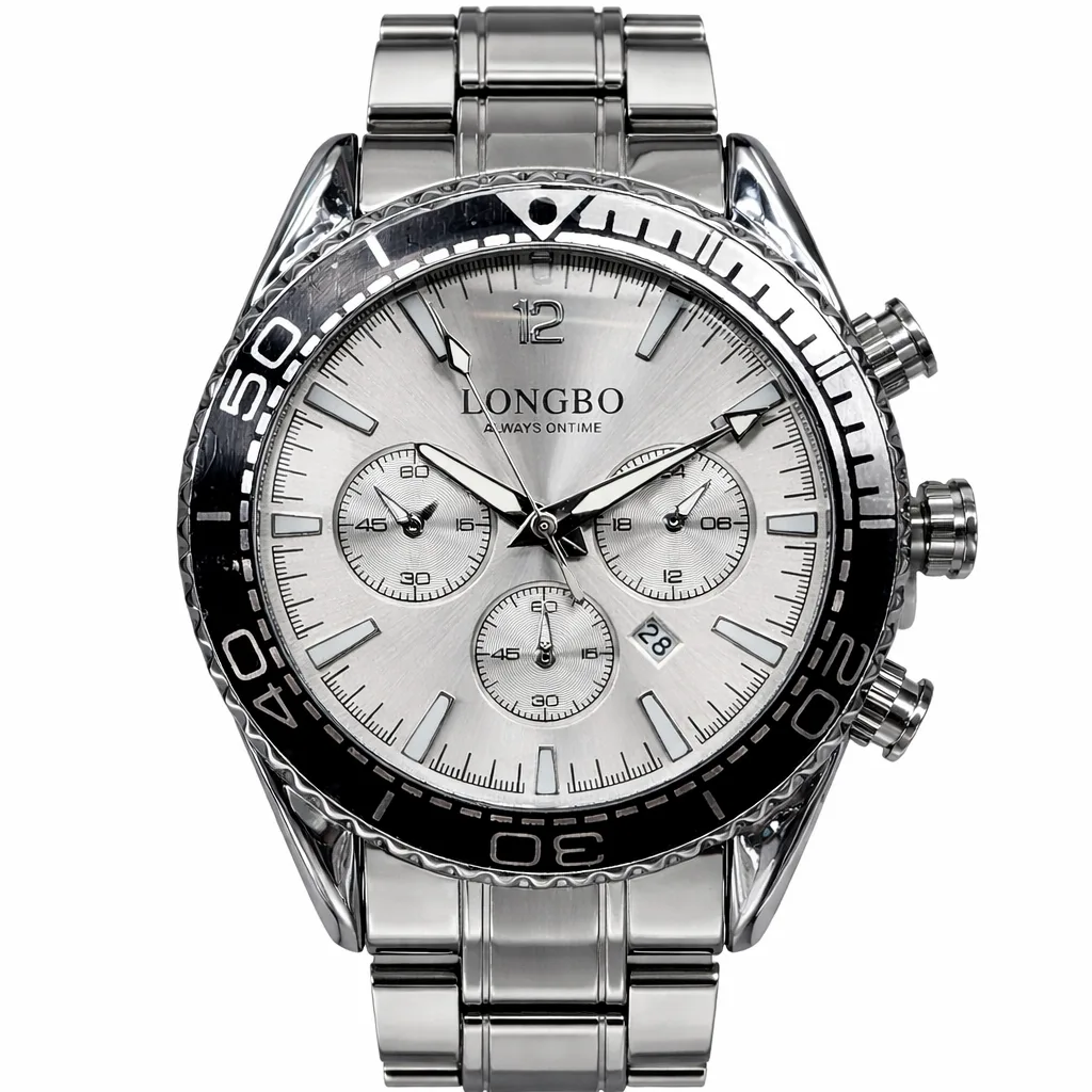 Gents Longbo Chronograph Watch Silver Dial Stainless Steel 44mm – Model 83096GS