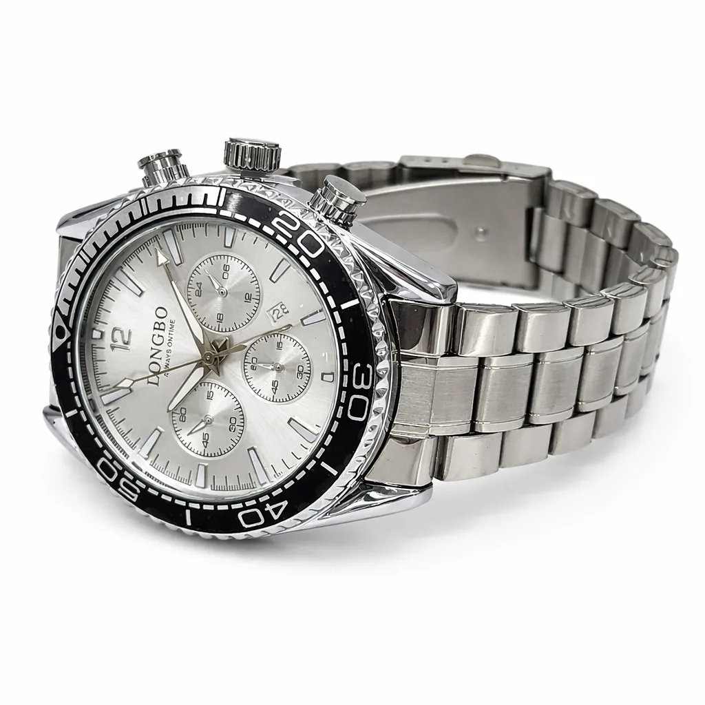 Gents Longbo Chronograph Watch Silver Dial Stainless Steel 44mm – Model 83096GS