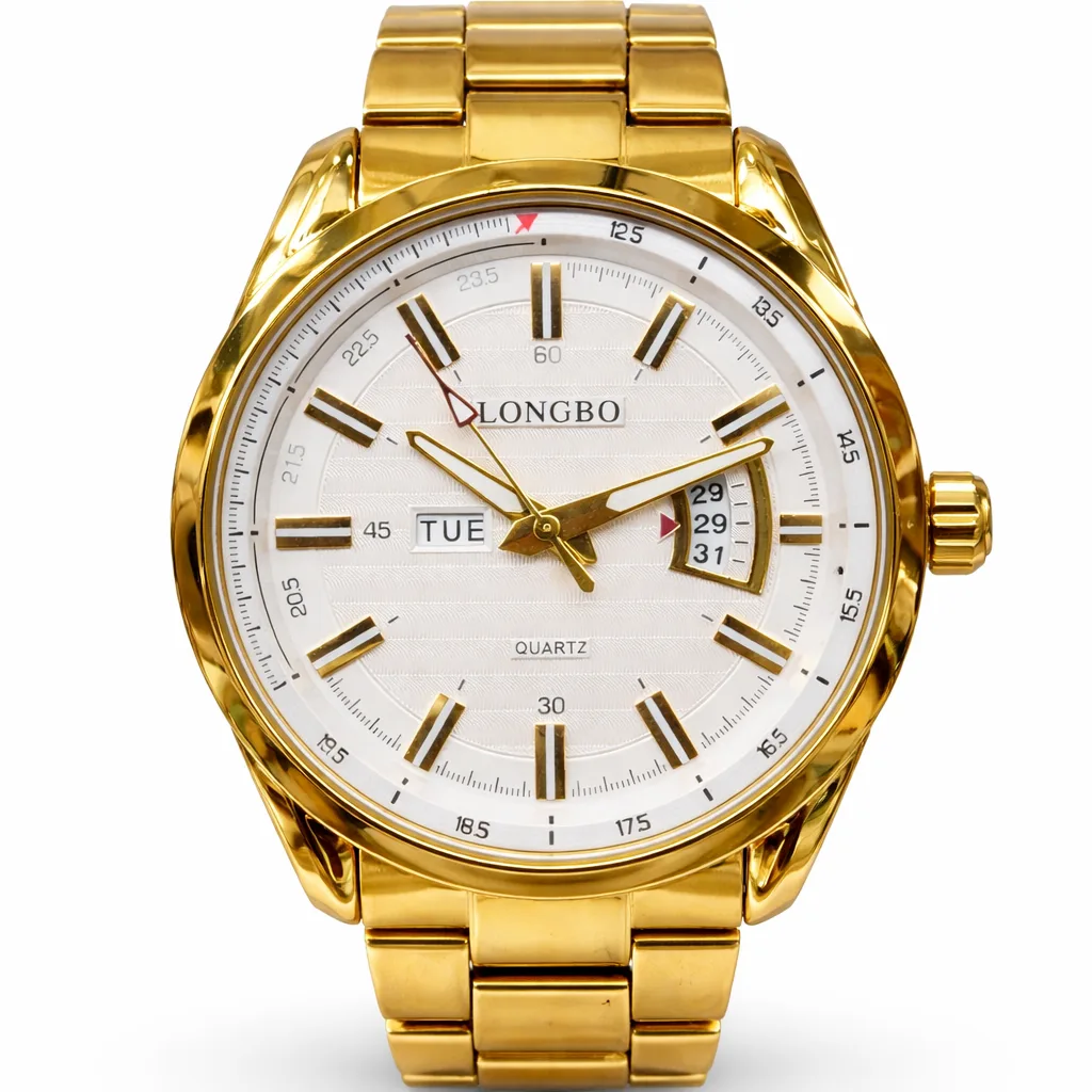 Gents Longbo Gold Tone Watch 83089G – White Dial Day & Date 44mm