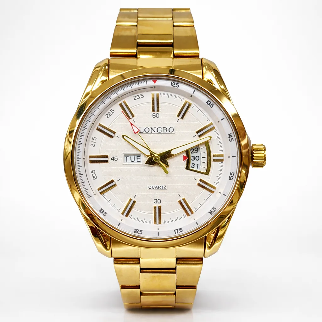 Gents Longbo Gold Tone Watch 83089G – White Dial Day & Date 44mm