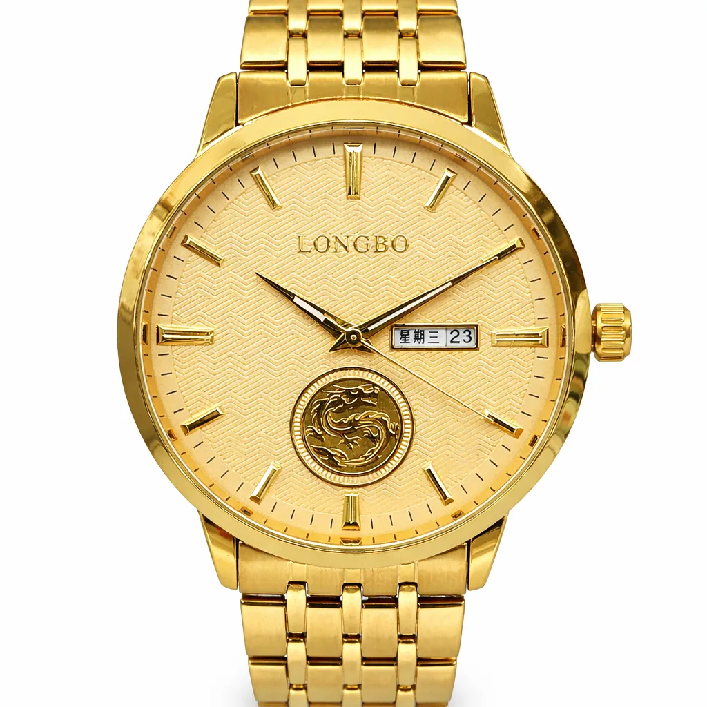 Gents Longbo Gold Watch 42mm – Model 83876G Quartz Day-Date Luminous Hands