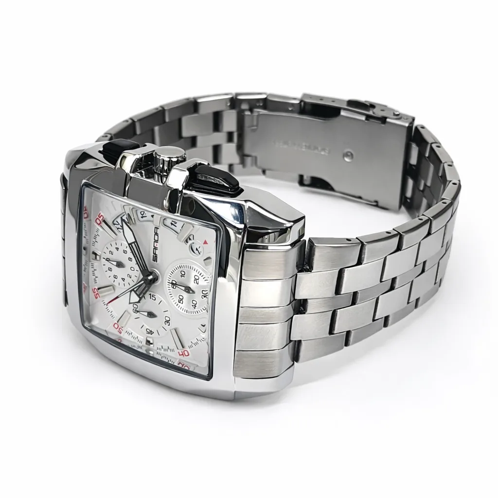 Gents SANDA 5302 Chronograph Watch – White Dial Stainless Steel 44mm