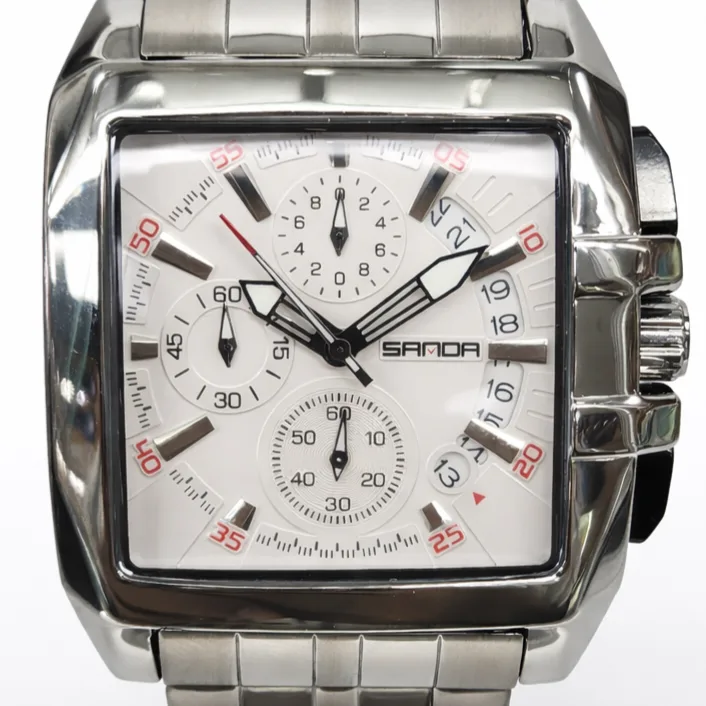 Gents SANDA 5302 Chronograph Watch – White Dial Stainless Steel 44mm