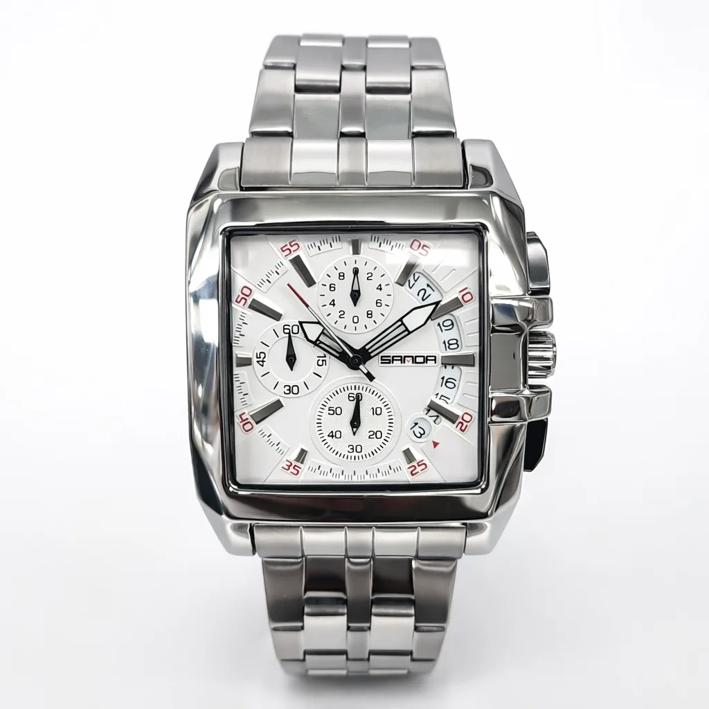 Gents SANDA 5302 Chronograph Watch – White Dial Stainless Steel 44mm