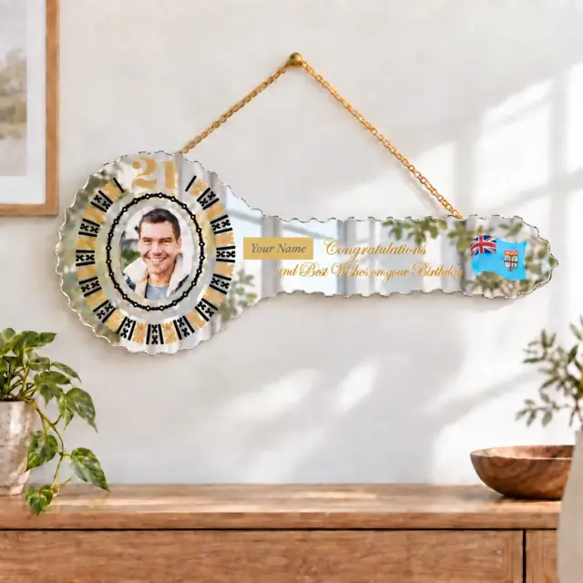Gold & Black Fijian Design and Coloured Flag Mirrored/Glass Photo 21st Birthday Key - SJ2506