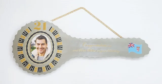 Gold & Black Fijian Design and Coloured Flag Mirrored/Glass Photo 21st Birthday Key - SJ2506