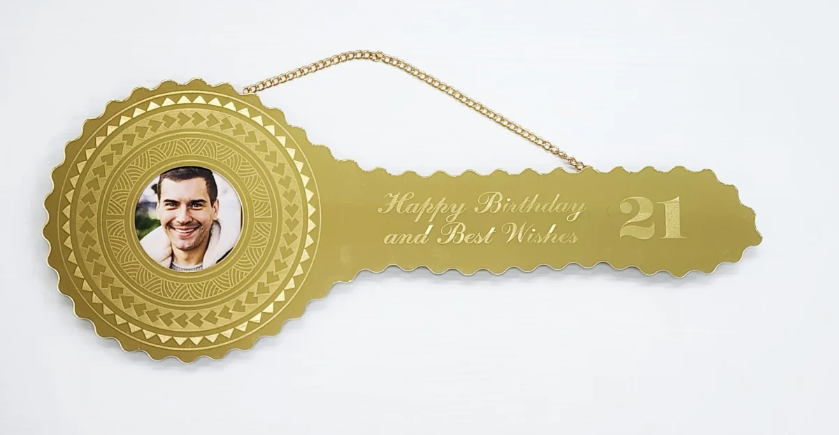 Gold Mirror Perspex Acrylic Laser Engraved Design with "21" Photo Birthday Key - SJ2509