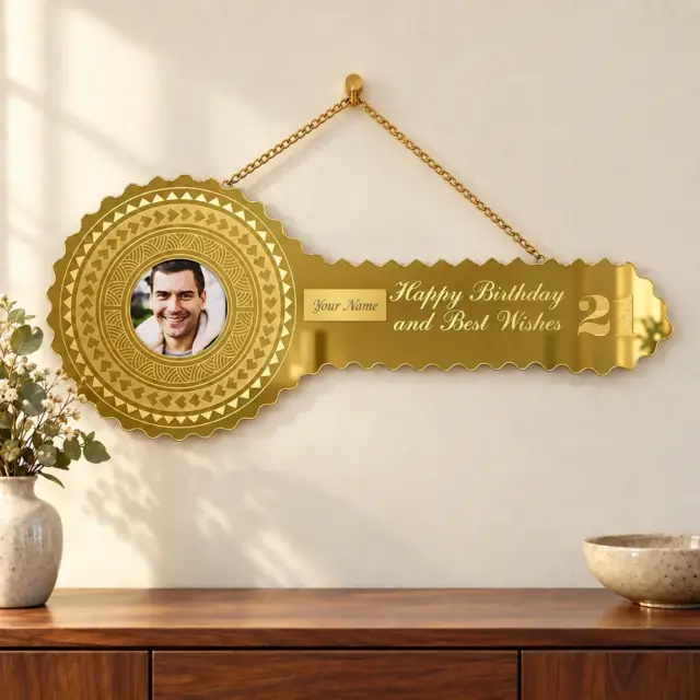 Gold Mirror Perspex Acrylic Laser Engraved Design with "21" Photo Birthday Key - SJ2509