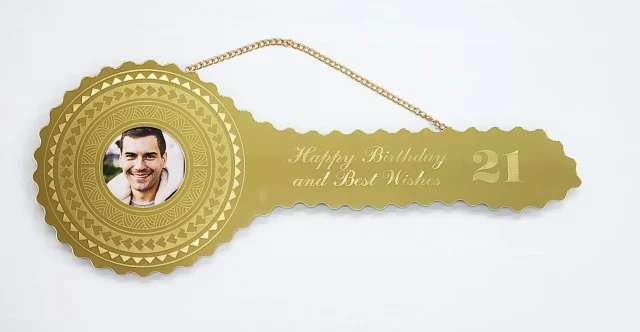 Gold Mirror Perspex Acrylic Laser Engraved Design with "21" Photo Birthday Key - SJ2509